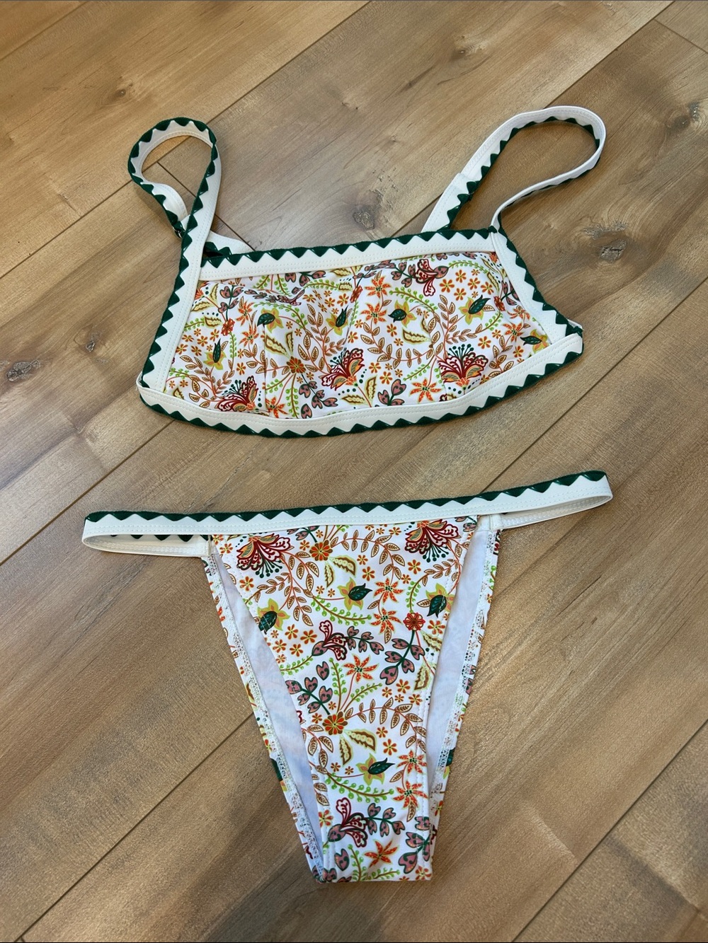 Floral Ric Rac Trim Bikini Set in Green & Multicolor
